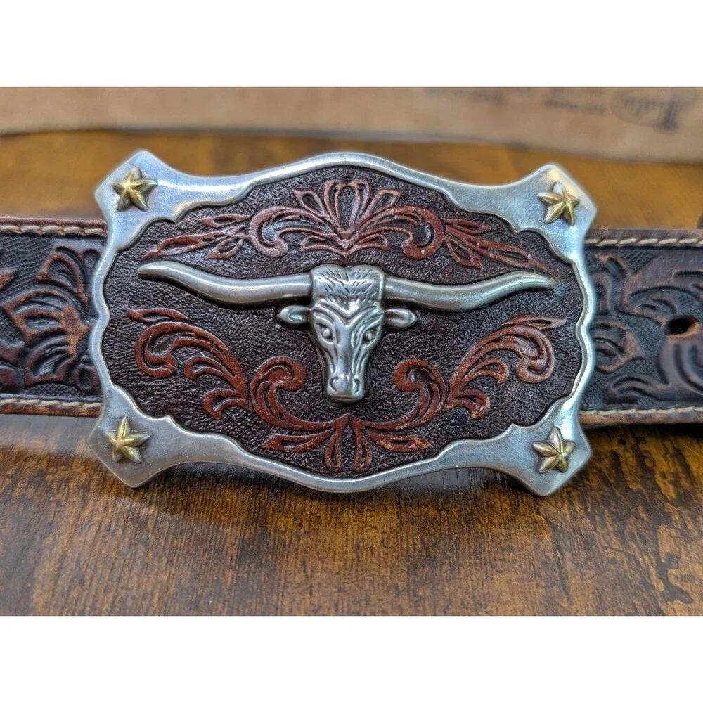 Justin Mens Classic Longhorn Tooled Leather Western Belt Brown C11194 Size 44